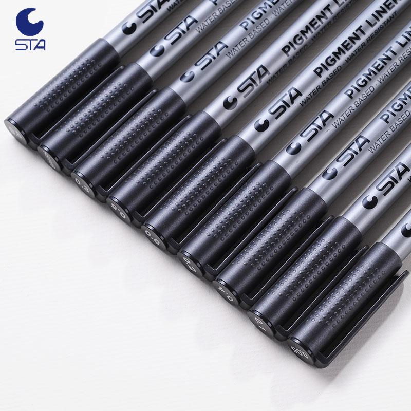 STA High Quality Waterproof Sketch Calligraphy Fine Line Marker Pen Fineliner 9 Different Tip Sizes for Students Writing Paper