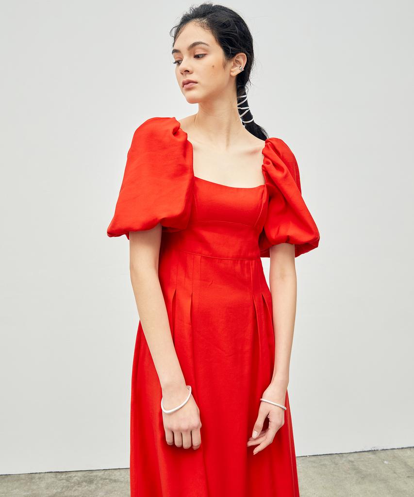 ONNE Stitched Puff Sleeve Maxi Dress Red