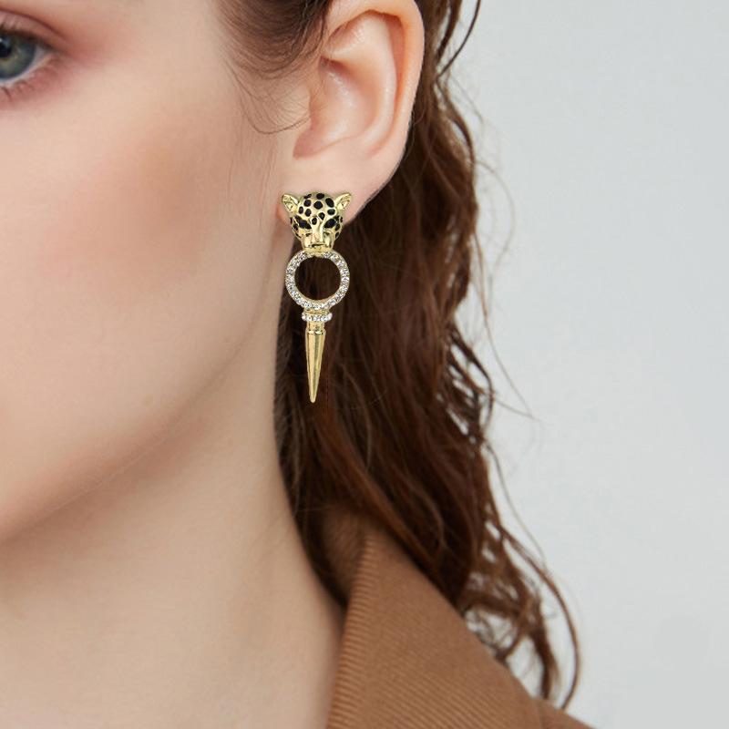 Gold Enamel Leopard Cone Dangle Earrings Personalized Hip Hop Trendy Punk Animal Jewelry Women'S Holiday Party Accessories
