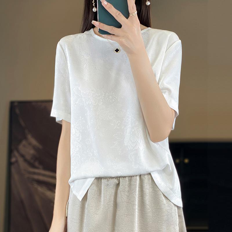 Summer Women's Silk T-shirt Round Neck Short Temperament Large Size Short-sleeved T-shirt Tops