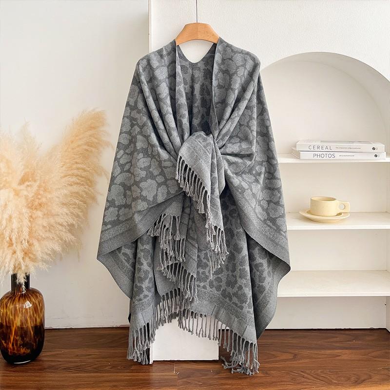 Womens Leopard Print Fringe Split Shawl Runway Fashion Cape Warm Winter