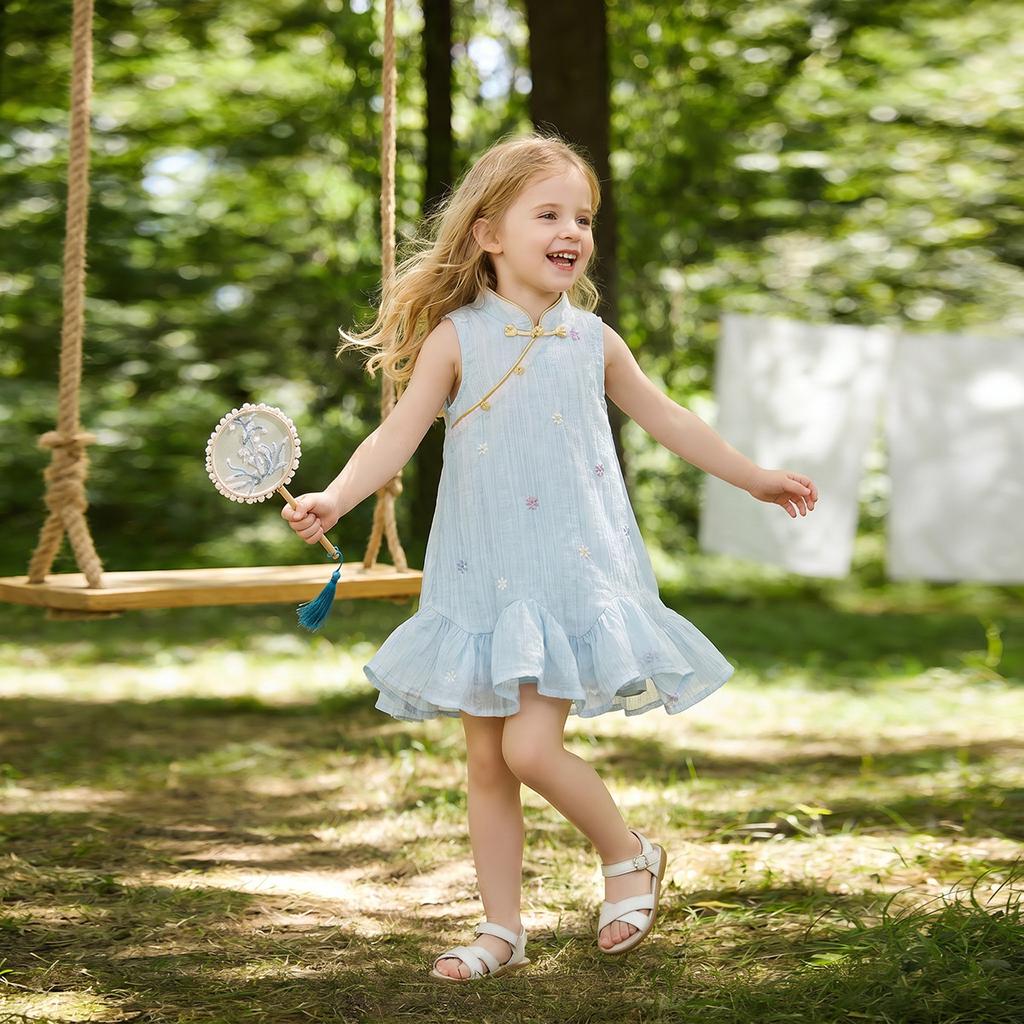 Girls Summer Chinese Embroidered Floral Vest Dress with Ruffled Hem Qipao Cheongsam Dress for Kids