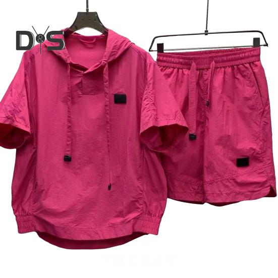 

2 шт./компл., мужской летний наряд, топы с капюшоном и короткими рукавами, эластичная талия, карманы, шорты, комплект, одноцветный спортивный костюм свободного покроя 2XL розовый