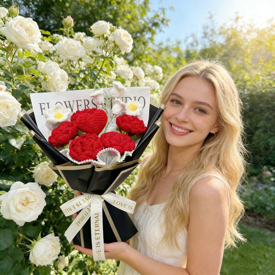 Künstliche Blumen Handgemachte Häkelblumenstrauß Weiches Baumwollgarn Keine Pflege Herz Rose Blume Kunstblume Hochzeiten Jubiläen Heimdeko