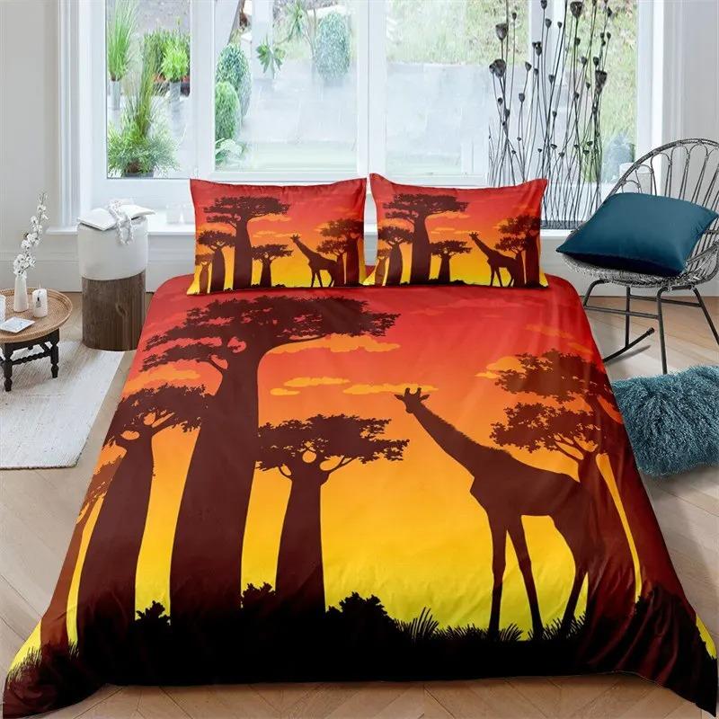 Tropical Animals Duvet Cover Exotic Animal Silhouette Sunset Bedding Set Full For Girls Boys Decor Hawaii Sea Wave Quilt Cover
