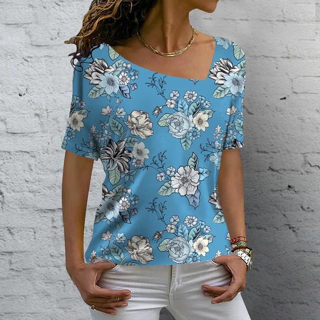 V-neck Fashion T Shirt Summer Flower Printing Short Sleeve Women's Casual Basic T-Shirt Ladies Vintage Elegance Tops