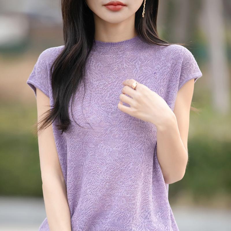 Summer Lightweight Knitted Base Short-sleeved Women's High-neck Lace Crochet Openwork Solid-color Loose Sleeve T-shirt