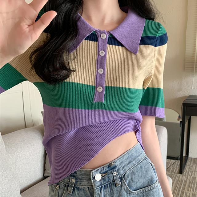 Větrný studentský super horký barevný pletený svetr s POLO límcem nadměrné velikosti dámské letní tričko s krátkým rukávem