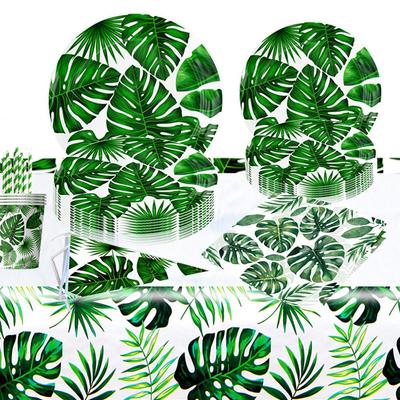 Tropical Hawaiian Leaves Party Set: Paper Plates, Cups, Napkins, and Tablecloth for Summer Theme Decor