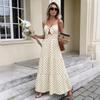Women's White Black Polka Dot Tiered Maxi Dress, Spaghetti Strap Bow Bust Detail Cutout Waist Summer Casual Sundress