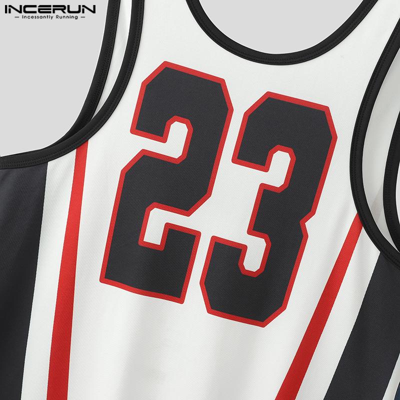 INCERUN Men Low Cut Sleeveless Letter Striped Print Home Wear Jumpsuits Rompers