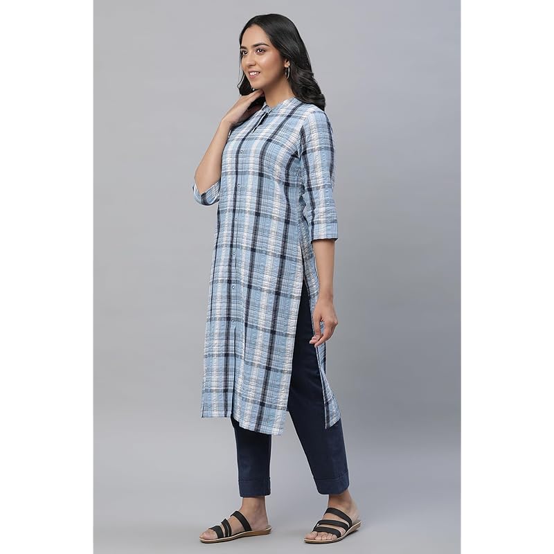 Aurelia Blue Checked Cotton Regular Kurta for Women S