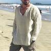 Men V-neck Long Sleeve Casual Shirt Tops Burr Edge Pleated Solid Color Loose Fit Thin Pullover Tops Streetwear