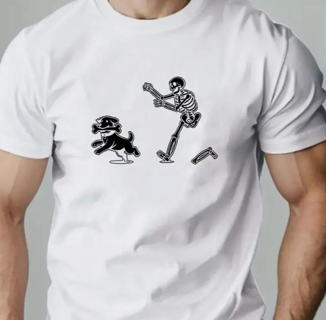 Men Casual Summer TShirt with Playful Puppy and Bone Graphic Cotton Crew Neck Short Sleeve Tee Regular Fit with Slight Stretch