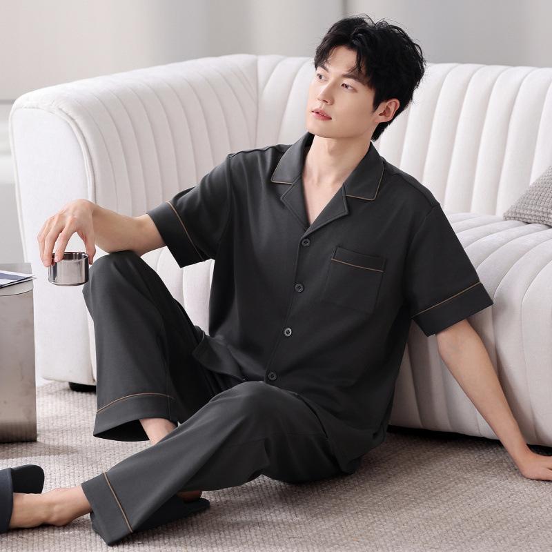 Men's 100% Cotton Summer Pajama Set: Loose Short Sleeve Top & Long Pants for Middle-Aged Dads, Plus Size, High-End Comfort Home Wear