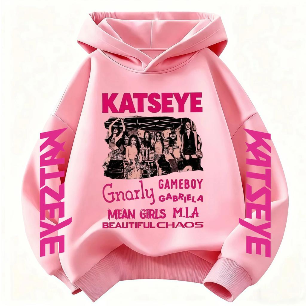 2026 Graphic Print Kids Long Sleeve Sweatshirt NEW Girls Hoodie Katseye Kpop Group Pocket Loose Casual Children Light Blue Top