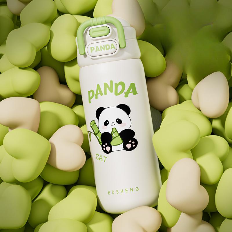 Edelstahl Thermobecher niedlicher Panda Strohhalm Wasserbecher Kinder und Studenten doppelter elastischer Deckel Tide Play Sportwasserbecher