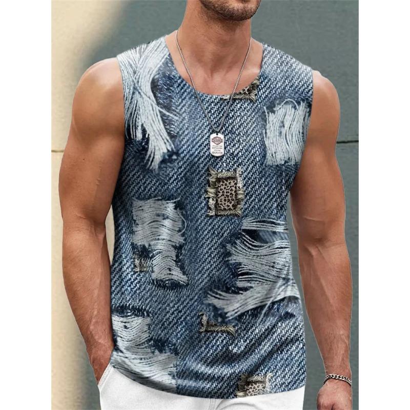Retro Denim Patchwork Grafik Herren Tanktops Sommer Mode Ärmellos 3D-Druck Weste Lässige Alltags T-Shirts Tops