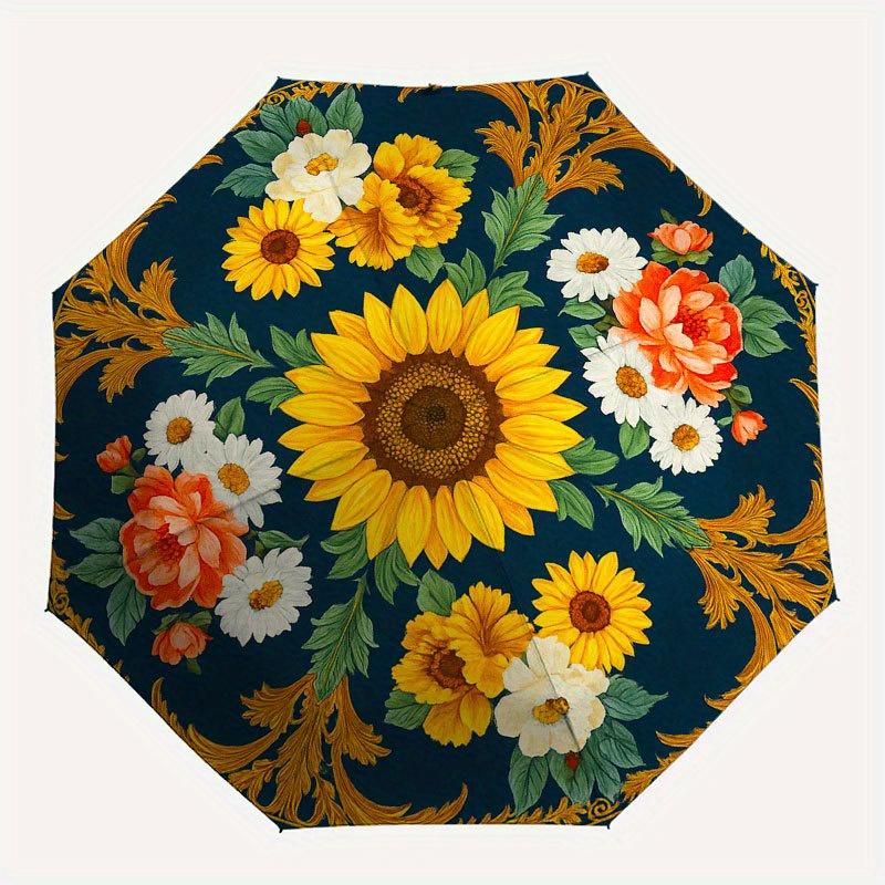 Vintage Floral Round Rug, Elegant Sunflower DesignUmbrella with Cute Design, Portable 3-Fold Compact Umbrella for Men & Women, Valentine's Day Mother'