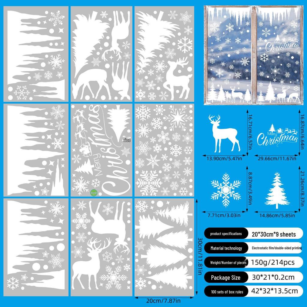 Christmas Snowflake and Reindeer Wall & Window Stickers - Static Santa Claus Decor for Refrigerator and Shops