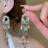 French retro super flash diamond-encrusted crystal fringed pendant long ear hook court style earrings light luxury high-end earrings