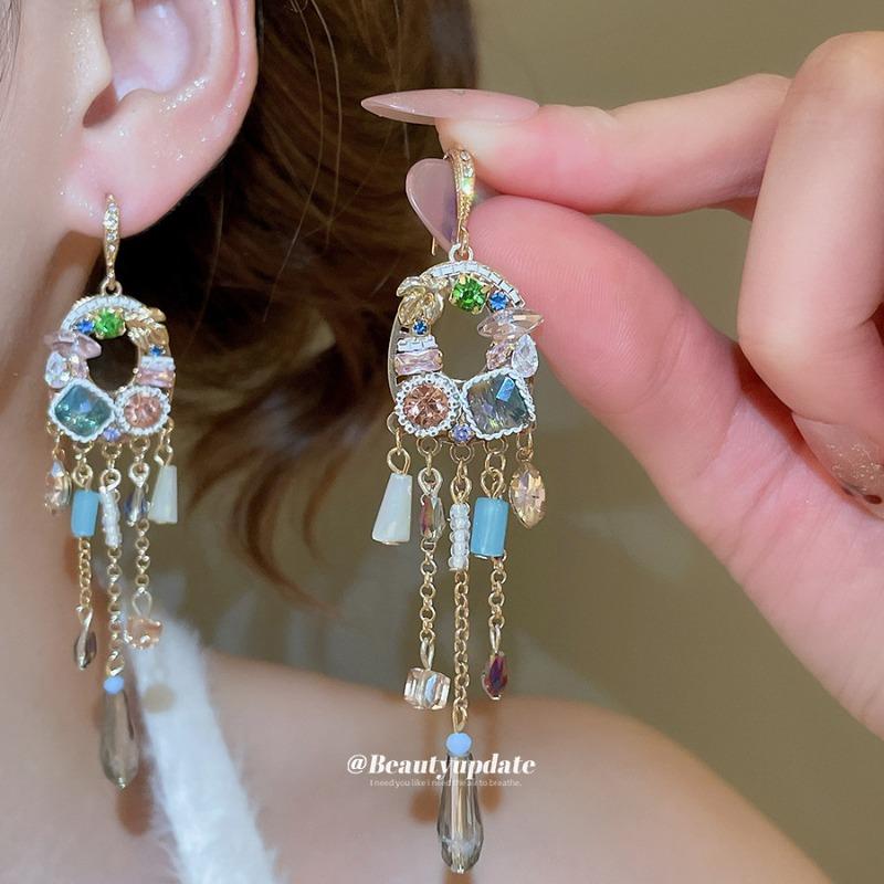 French retro super flash diamond-encrusted crystal fringed pendant long ear hook court style earrings light luxury high-end earrings