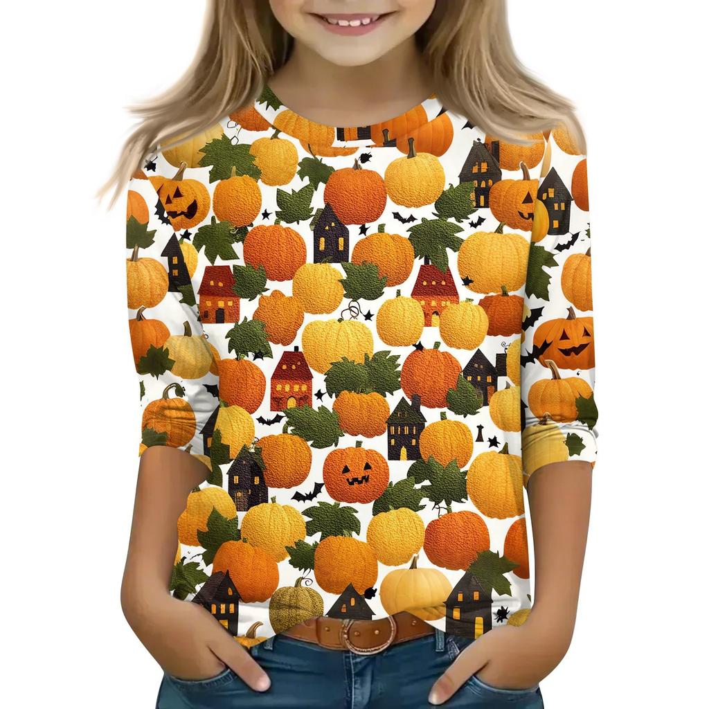 Children's 3/4 Sleeve Tops Casual Halloween Print T Shirt Round Neck Pullover Blouse
