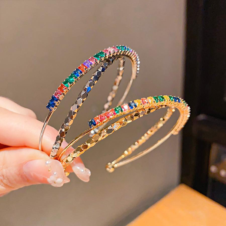 Geometric Zircon Metal Open Cuff Bracelet With Sparkling Stones For Women Fashion Jewelry