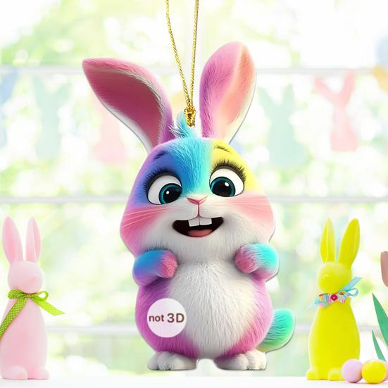 5Pcs Rabbit Pendant Acrylic Cute Rainbow Rabbit Hanging Ornament Doors Windows Bags Charm Car Rearview Mirror Easter Spring Decoration