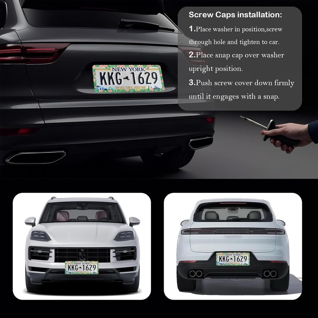 Elegant Faux Floral License Plate Frame - Unobstructed Narrow-Edge 2 Packs Universal Stainless Steel Car License Plate Frames Holder Solid Holder