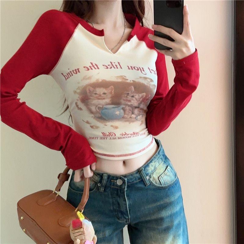 

Женские корейские модные горячие сексуальные облегающие укороченные топы контрастного цвета Y2k уличная одежда кокетки футболки 2000-х годов эстетические футболки с длинными рукавами