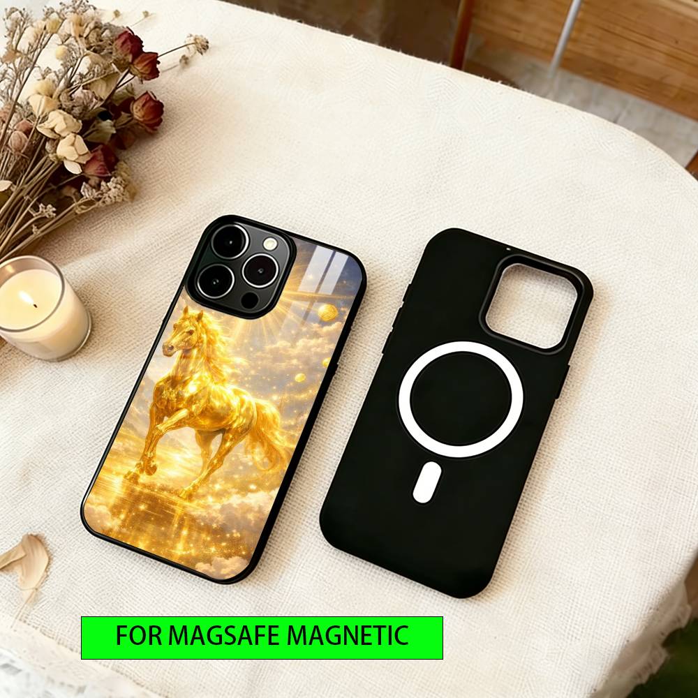 Golden Horse Phone Case For iPhone17,16,15,14,13,12,11 Plus,Pro Magnetic For Magsafe Wireless Charging