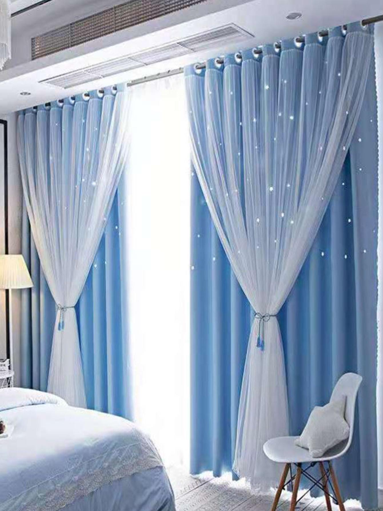 Licht Verduisterende Blauwe Gordijnen Met Prinses Dubbellaags Gaasgordijnen W130xH100cm&Grommet Top blauw