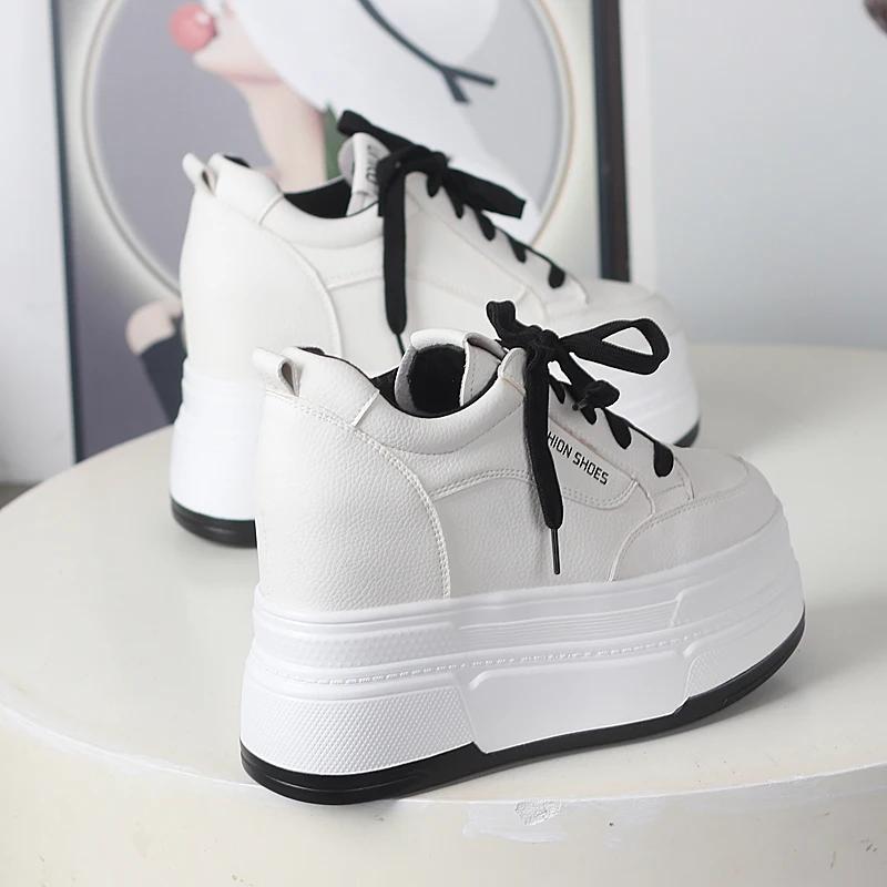 Fashion 12CM Genuine Leather Platform Sneakers Wedge Shoes  Women Breathable Sneakers Autumn Casual Shoes Hidden Heel Zapatillas Mujer