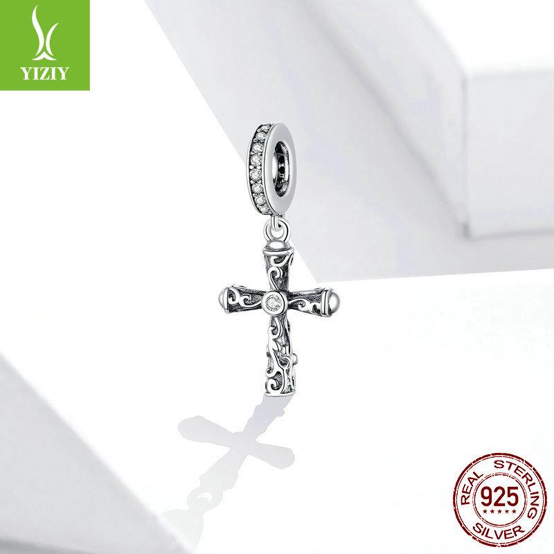 S925 Silver Vine Cross Pendant - European & American Style, Retro Pattern DIY Jewelry Accessory (BSC313)
