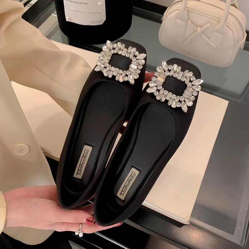 

French square head rhinestone buckle flat-soled single shoes women s 2025 spring new fairy evening wind silk ladyshoes grandma shoes 35 чёрный