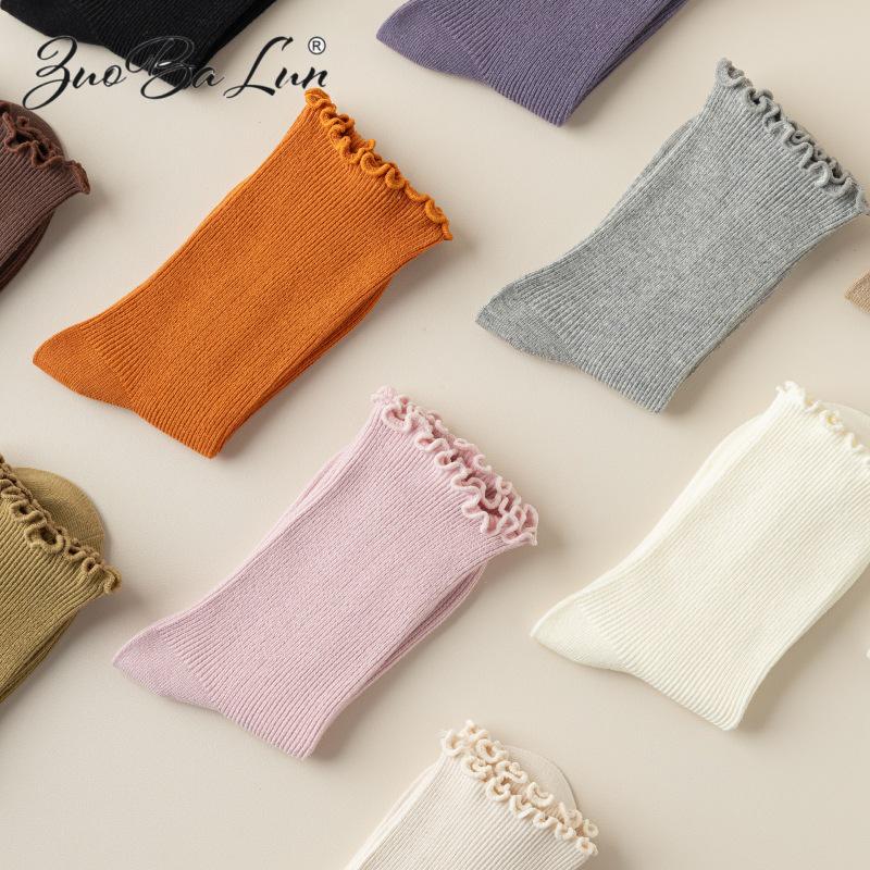 Barron Bubble Summer Cotton Lace Mid-Calf Socks with Wood Ear Edge - Japanese Sweet Style