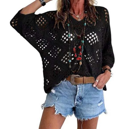 Women Tops V-Neck Three-quarter Sleeves Loose Fit Knitted Tops Pure Color Hollow Design Summer Casual Blouse