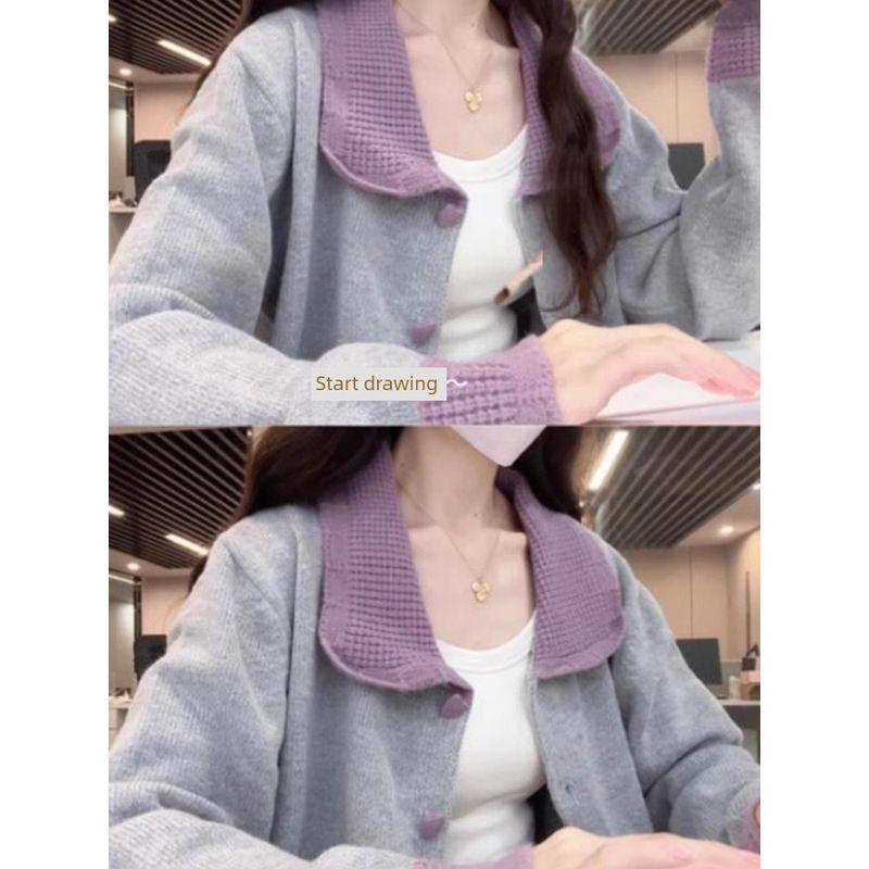 

Ранней весной в корейском стиле маленький кардиган контрастного цвета, вязаное пальто Grey L [Recommendation 105/57.50kg]]