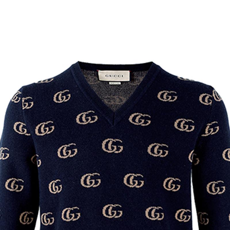 GUCCI Cashmere Sweaters Men's Dark Blue Crew Neck Moderate 655104-XKB3T4037