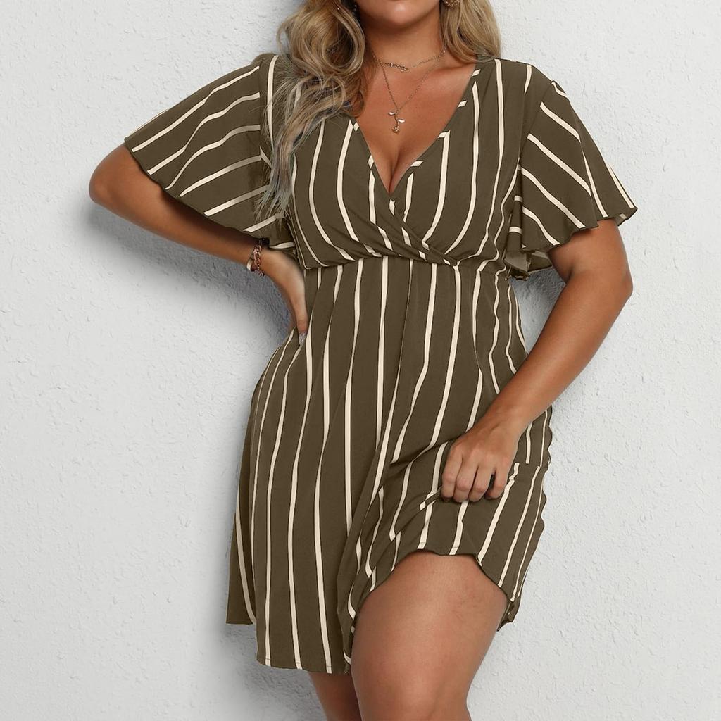 Damen Plus Size Gestreiftes V-Ausschnitt Freizeit Sommerkleid mit Kurzen Ärmeln, Fließendes A-Linien Design, Bequeme Passform