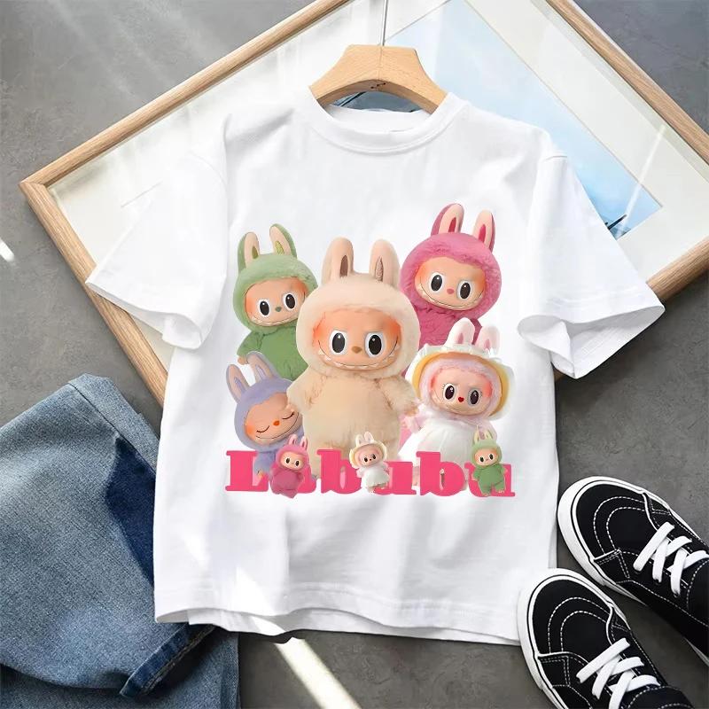 Maglietta per bambini, modello kawaii anime, manica corta, estiva, alla moda, casual, per bambini, abbigliamento Labubu, regalo 140