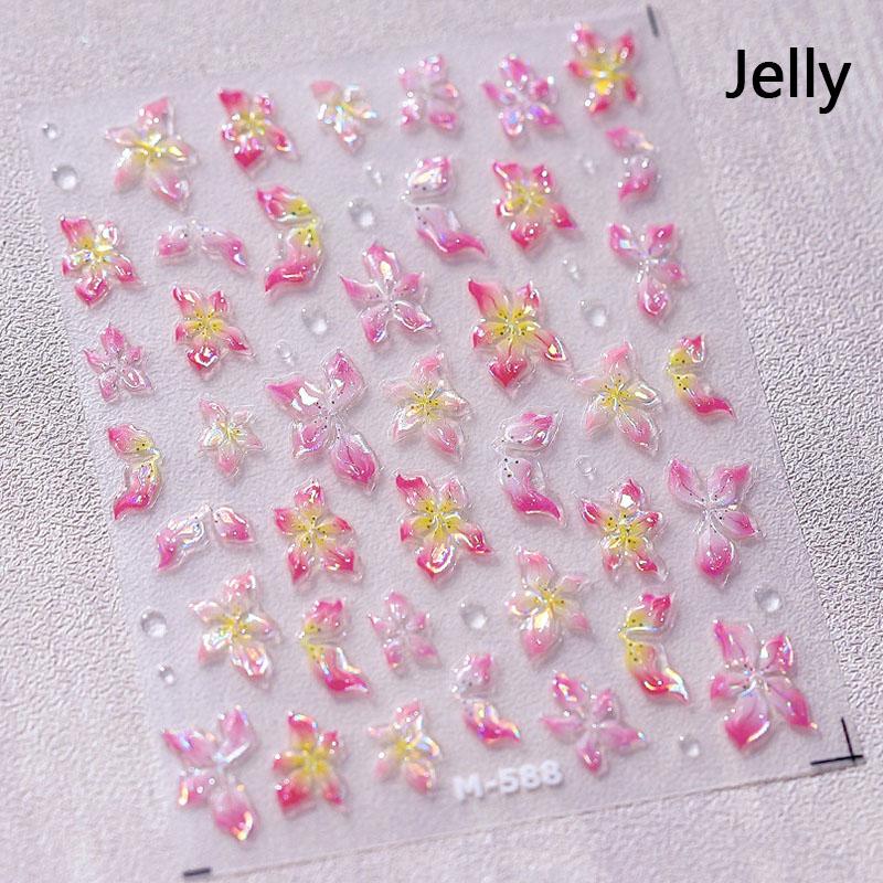 Yellow Green Pink Gradient Polarized Lilies Semi Translucent Jelly 3D Self Adhesive Nail Art Stickers Flowers Manicure Decals