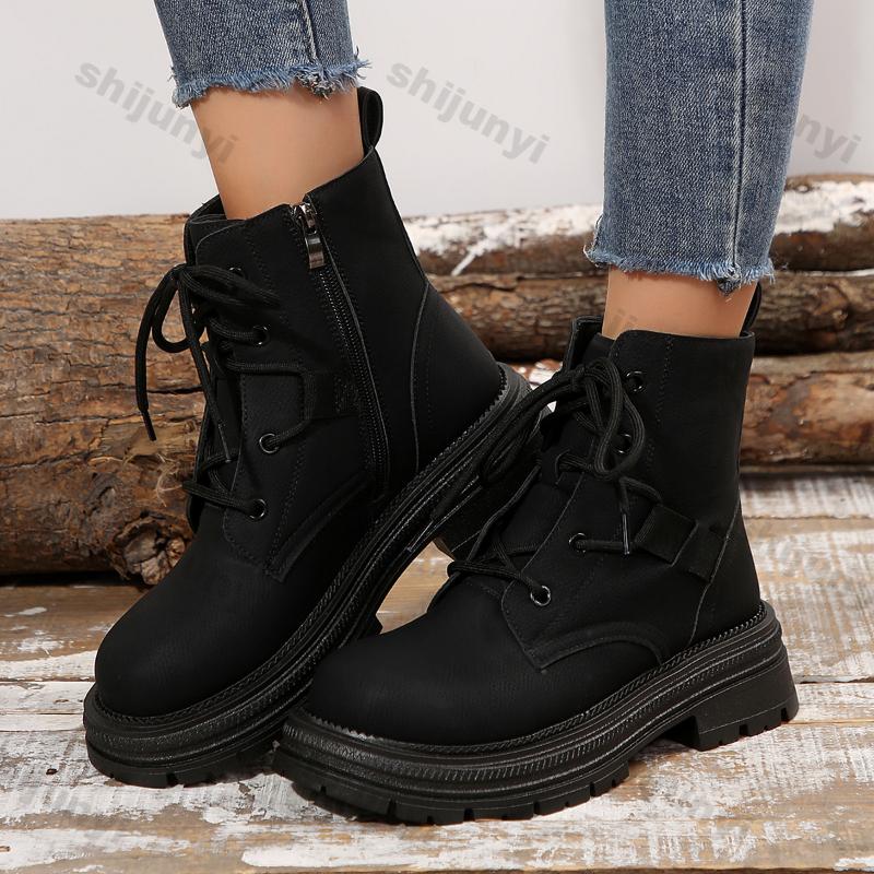 Mode Damen Retro Braune Plateau Kampfstiefel Herbst Winter Schnürstiefel mit Seitlichem Reißverschluss Stiefeletten Frau Dicke Sohle Wildlederimitat Botas Mujer