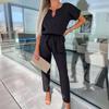 INS Summer V-neck Short Sleeve Elastic Waist Jumpsuit with Patch Pockets for Women