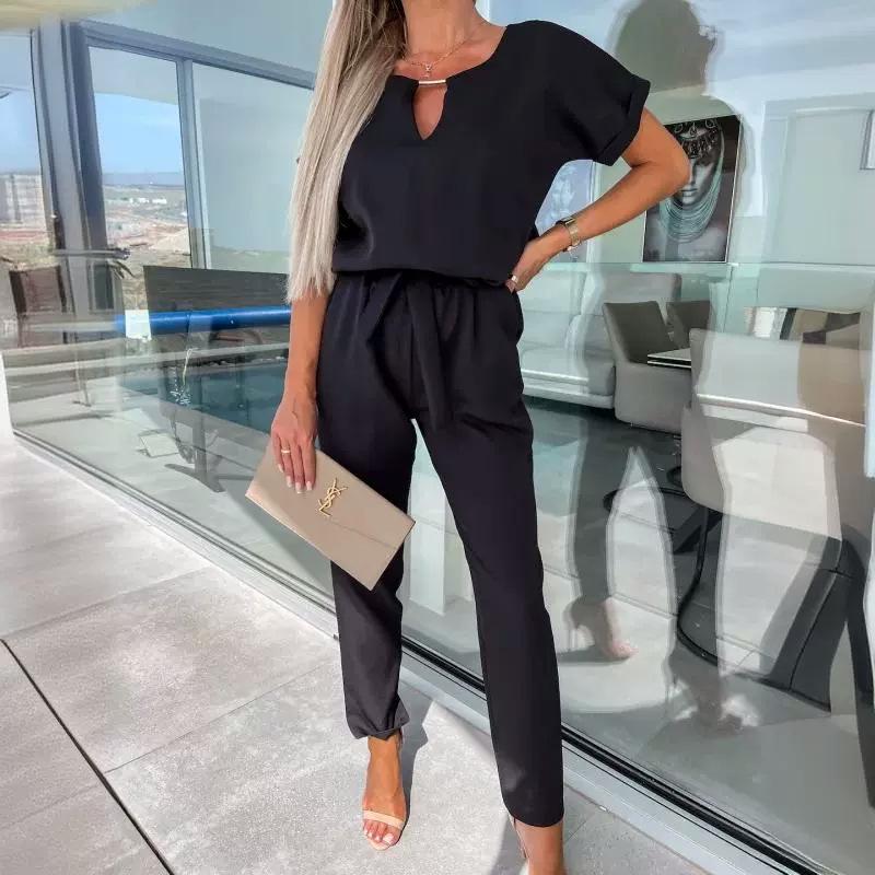 INS Summer V-neck Short Sleeve Elastic Waist Jumpsuit with Patch Pockets for Women