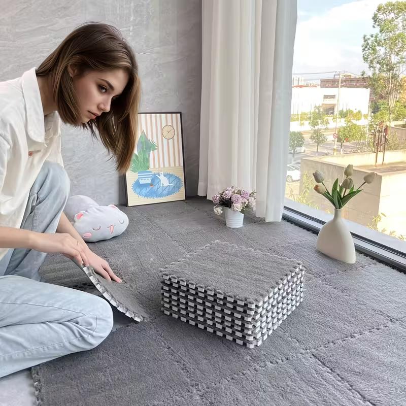 Soft Plush Foam Puzzle Mat Carpet Tiles for Living Room Bedroom Baby Play Area Non-Slip Interlocking Floor Rug Baby Play Mat