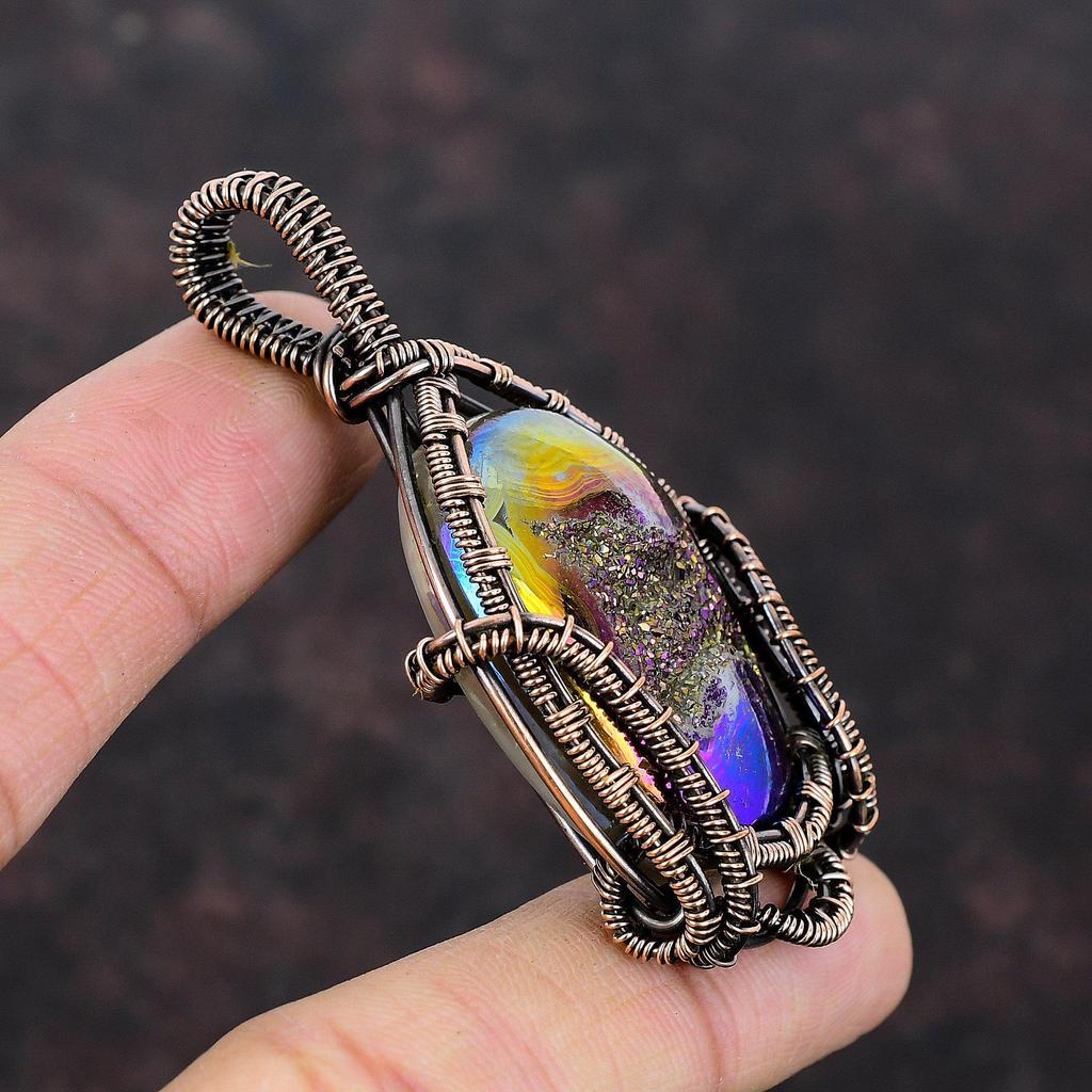Titanium Druzy Pendant Copper Wire Wrapped Jewelry Handmade Gemstone Pendant Copper Wire Wrapped Pendant Titanium Druzy Jewelry Wedding Gift