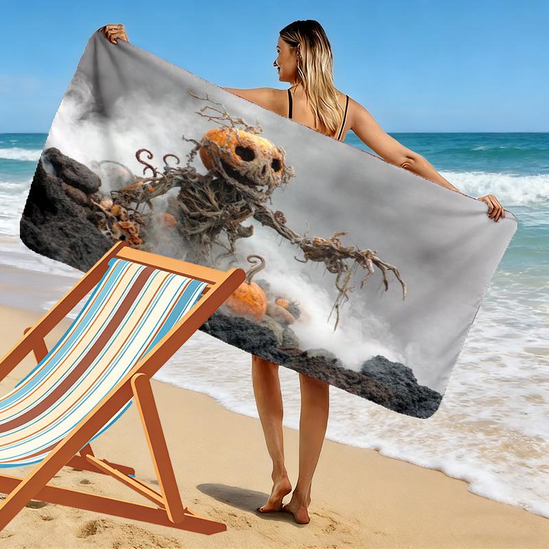 Halloween Twisted Pumpkin Skeleton Monster Print Beach Towel, Spooky Quick‑Dry Towel for Beach Pool Travel