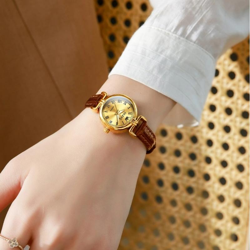 OLEVS Luxury Original Woman Round Watch Brown Small Leather Strap 3ATM Waterproof Date Elegant Quartz Ladies Wristwatch